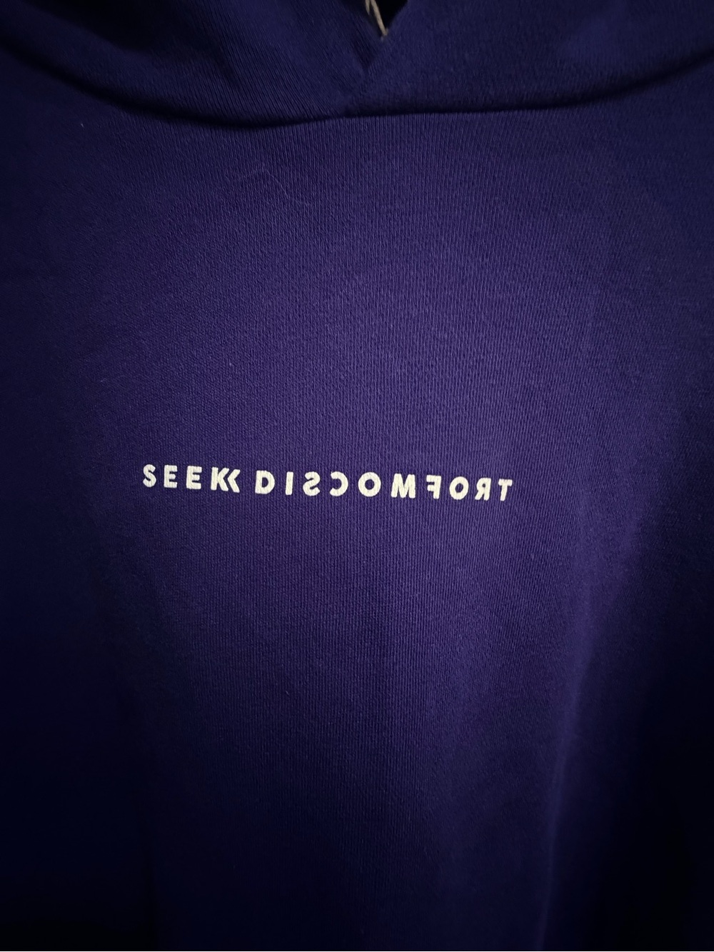 Organic Cotton Seek Discomfort Men's Deep Purple Hoodie Sweatshirt. - Picture 3 of 11